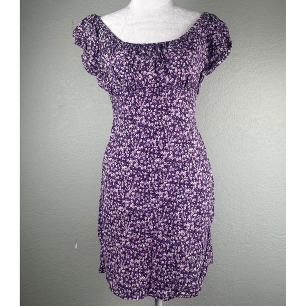 VTG 90s DBY Mini Dress Juniors Sz 3 Ltd Purple Floral Rayon Milkmaid Cottagecore
